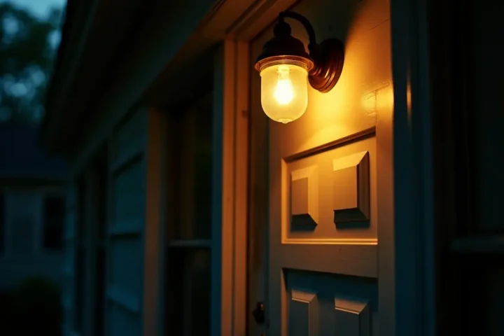 Porch light glowing above a front door at night