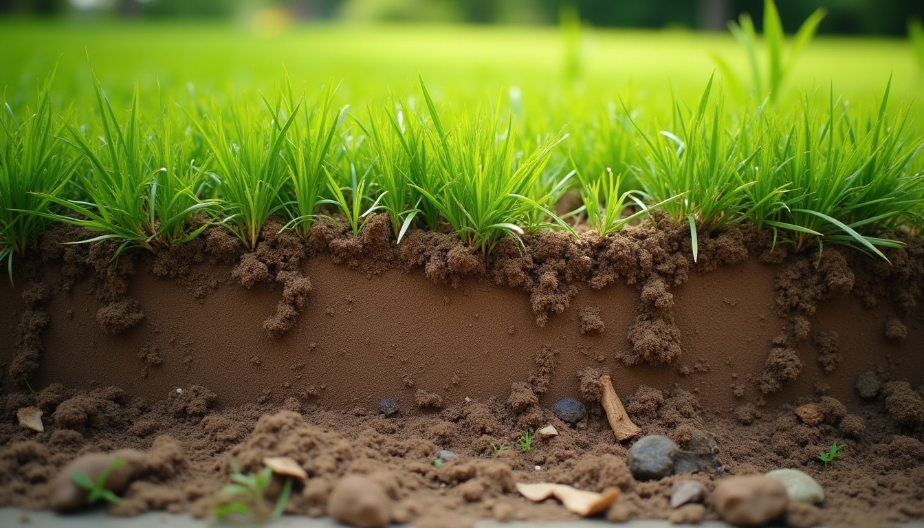 Patch of dead lawn turf peeled back beside healthy grass