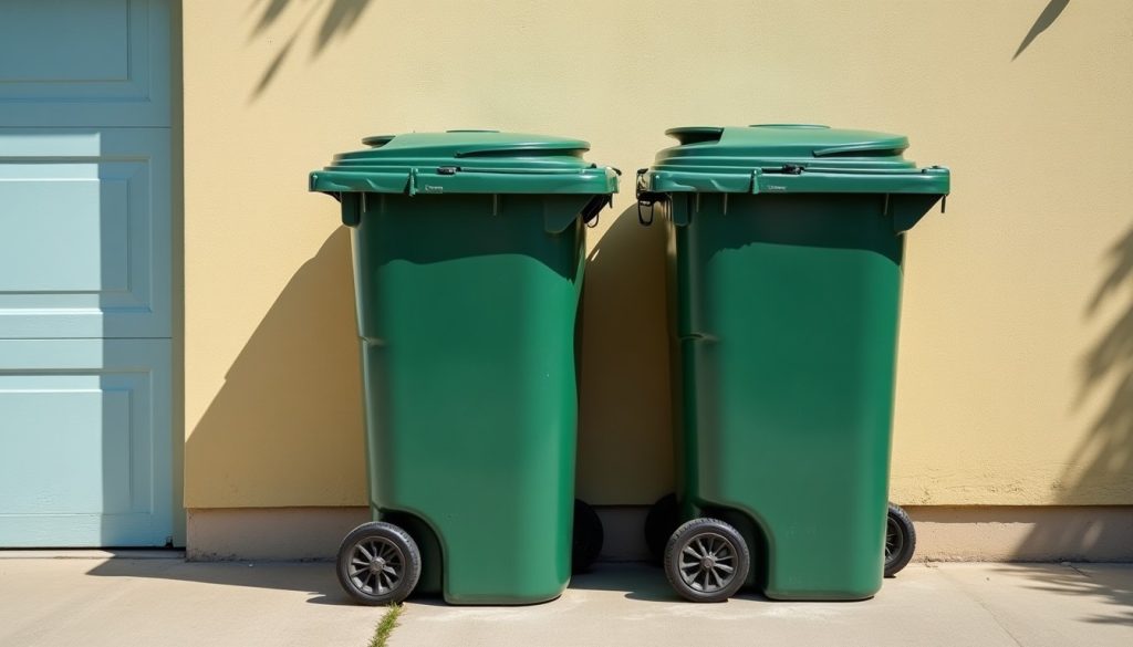 Wheeled garbage bins beside a garage in summer