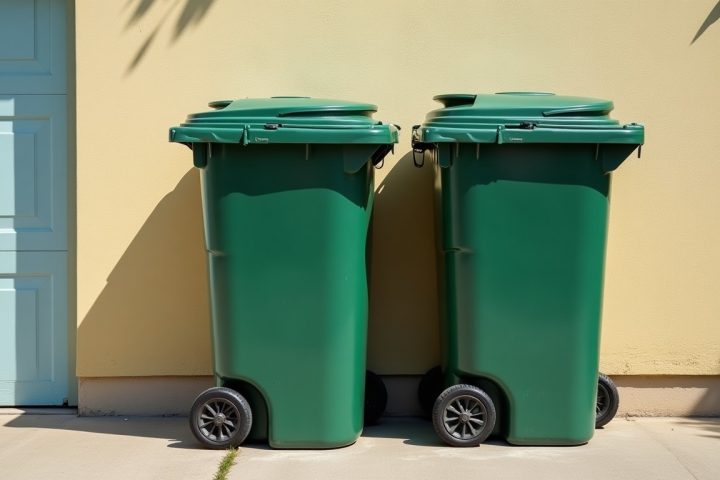 Wheeled garbage bins beside a garage in summer