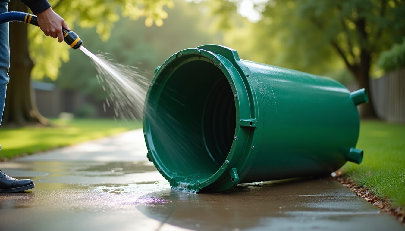 Garbage bin on its side being rinsed with a hose
