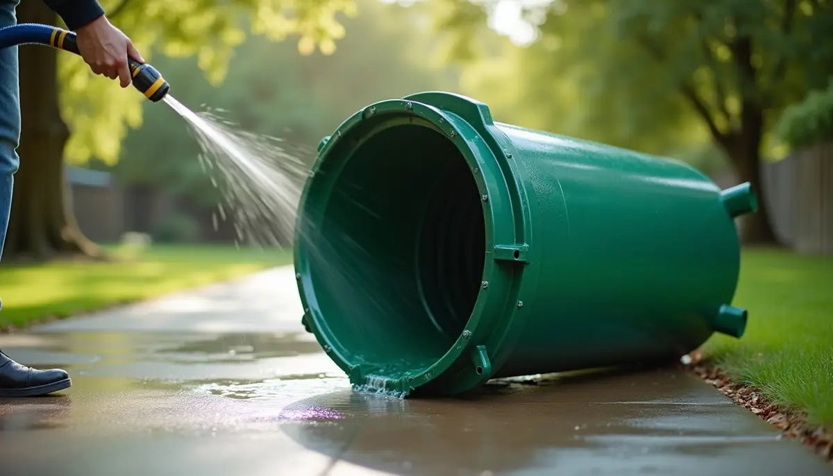 Garbage bin on its side being rinsed with a hose