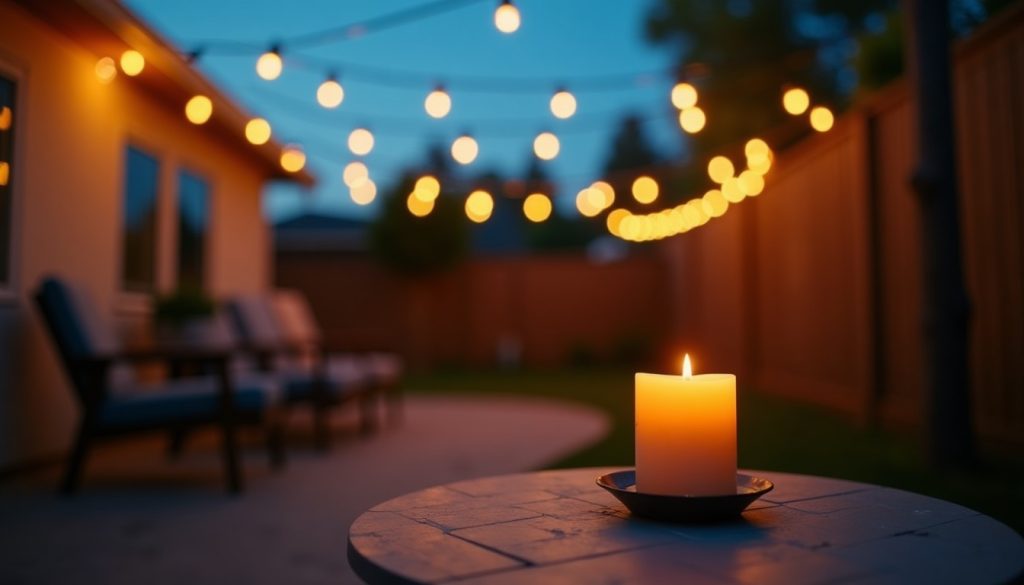 Backyard patio at dusk with string lights