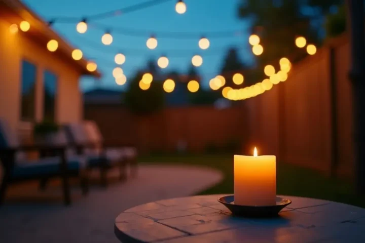 Backyard patio at dusk with string lights