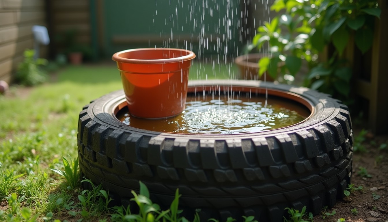 Rainwater standing in a flowerpot saucer and an old tyre