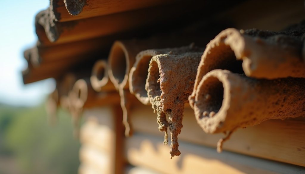 Mud tubes under the eaves of a wooden house