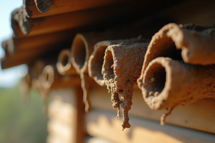 Mud tubes under the eaves of a wooden house