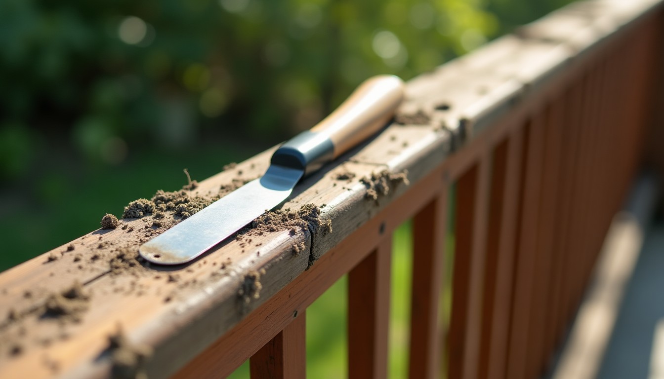 Putty knife beside dried mud tubes on a deck railing