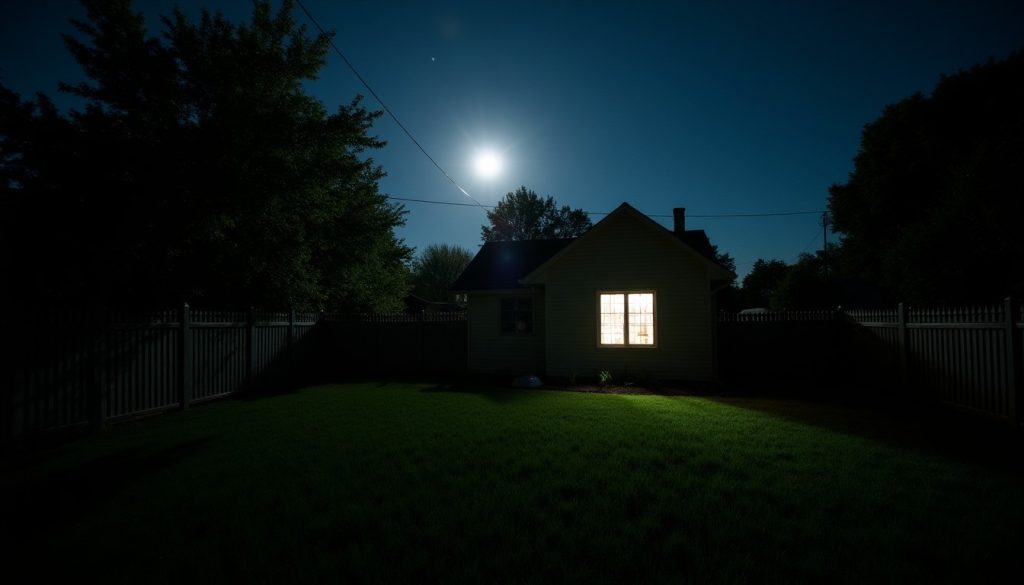Dark suburban backyard at night with a lit window