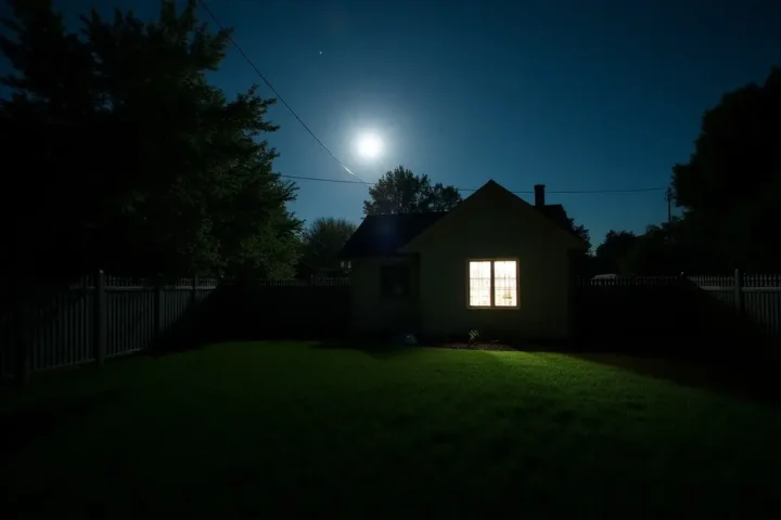 Dark suburban backyard at night with a lit window