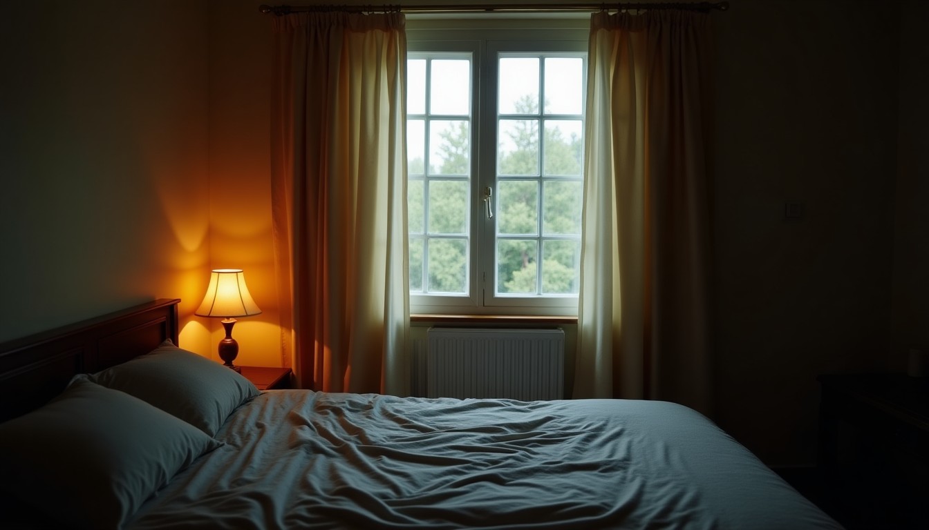 Bedroom at night with a window slightly open and a lamp on