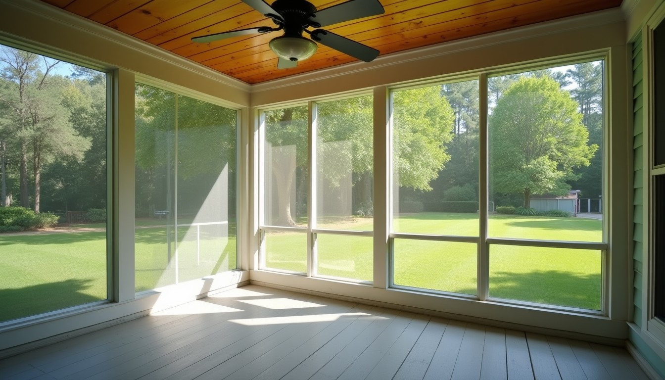 Screened porch with fine mesh screening and a ceiling fan