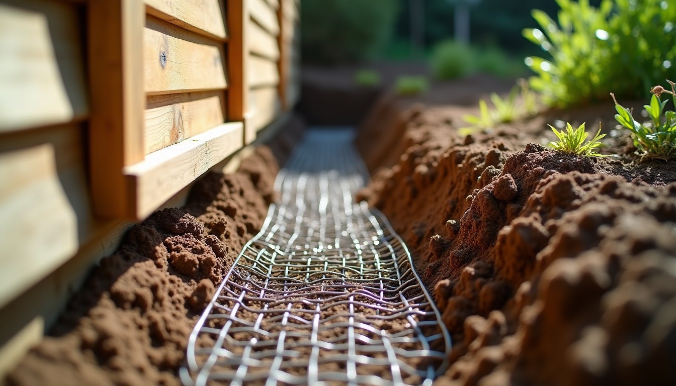 Wire mesh buried in an L shape along the base of a shed