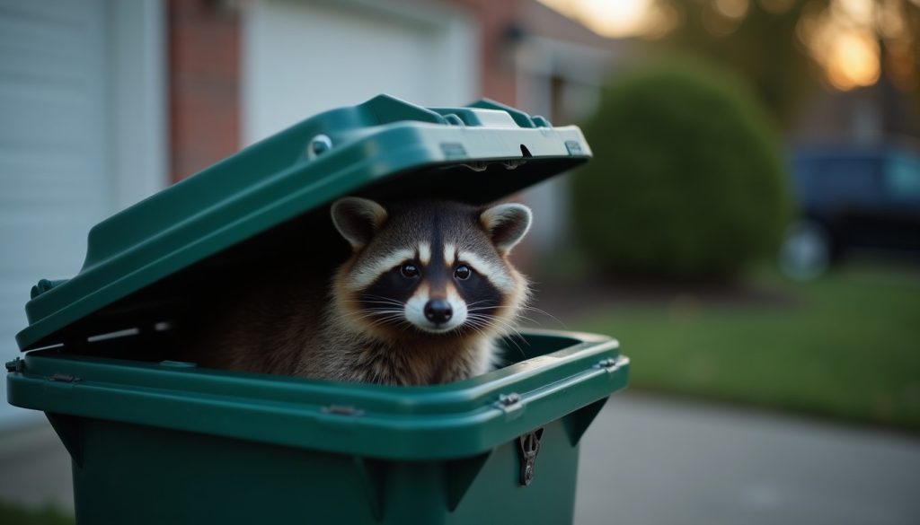 Raccoon peering out of a garbage bin beside a garage at dusk