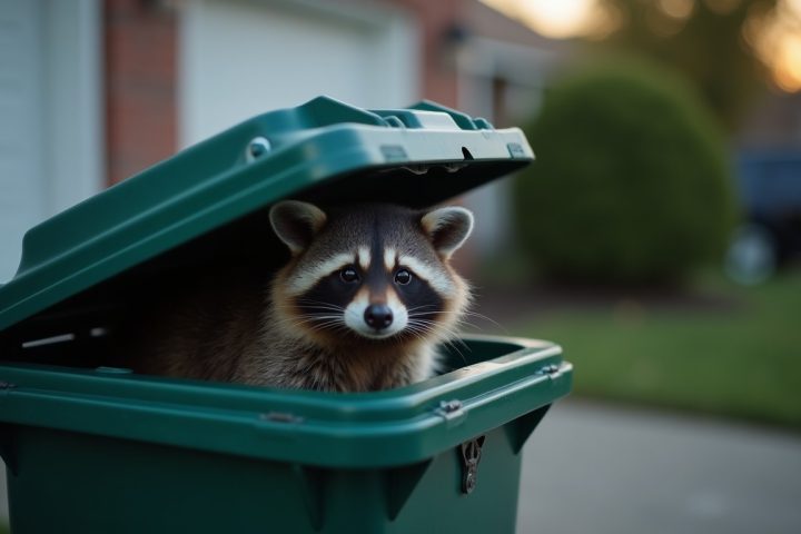 Raccoon peering out of a garbage bin beside a garage at dusk
