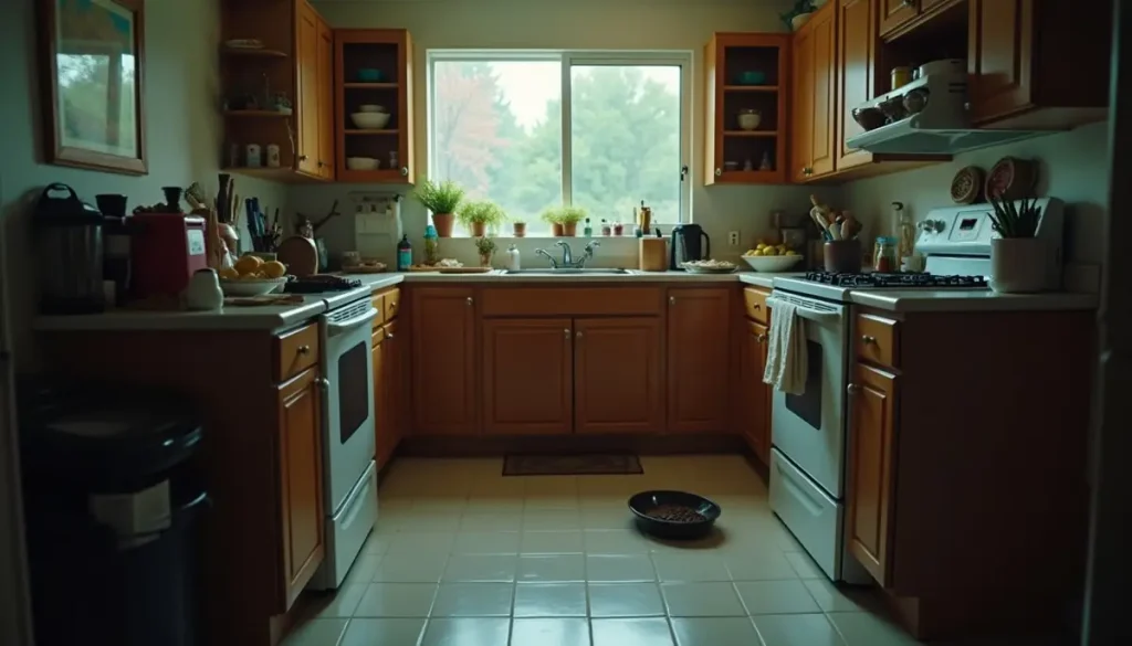 Kitchen at night with dishes in the sink and a pet bowl on the floor