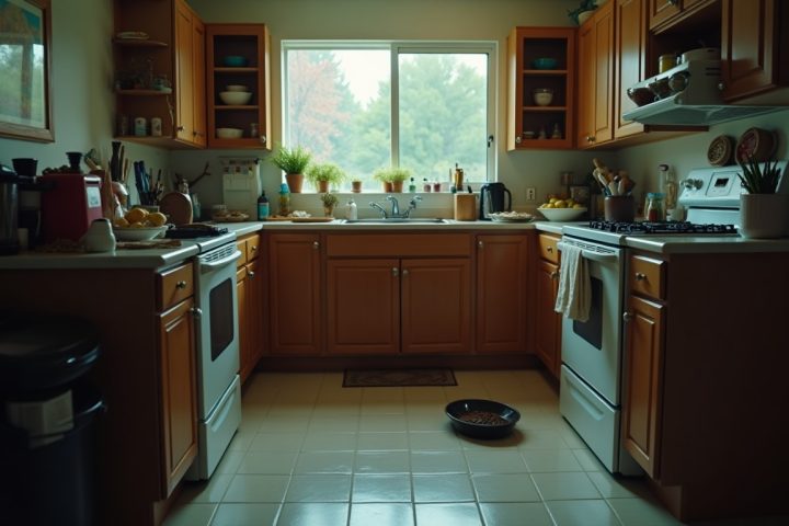 Kitchen at night with dishes in the sink and a pet bowl on the floor