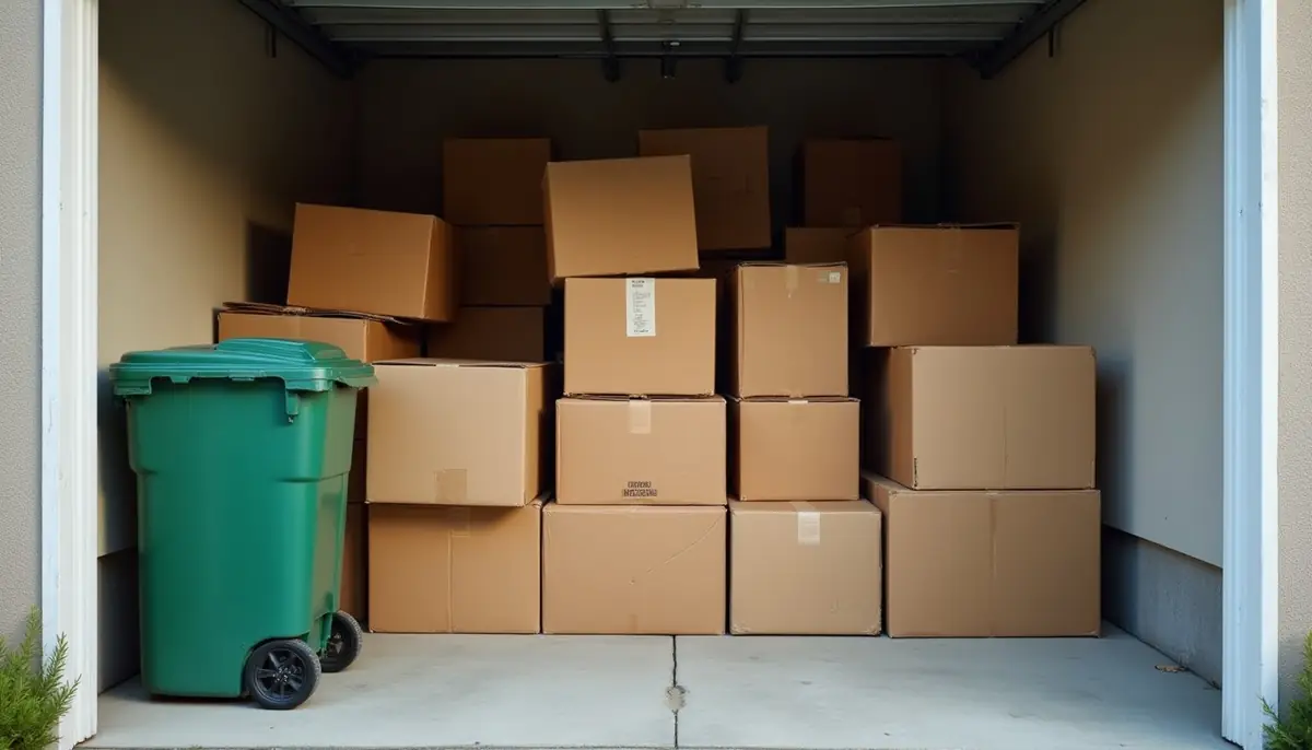 Flattened cardboard boxes stacked in a garage corner