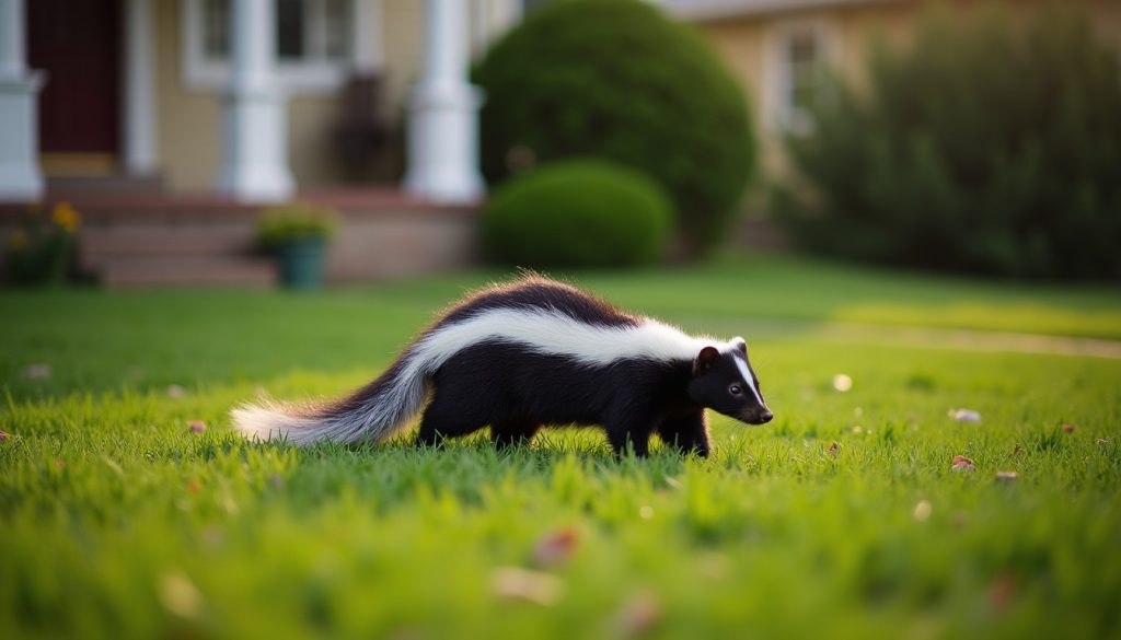 Striped skunk crossing a suburban lawn at dawn