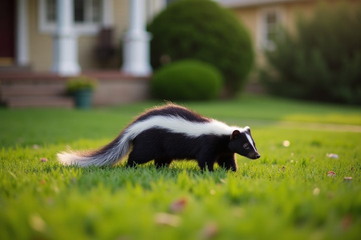 Striped skunk crossing a suburban lawn at dawn