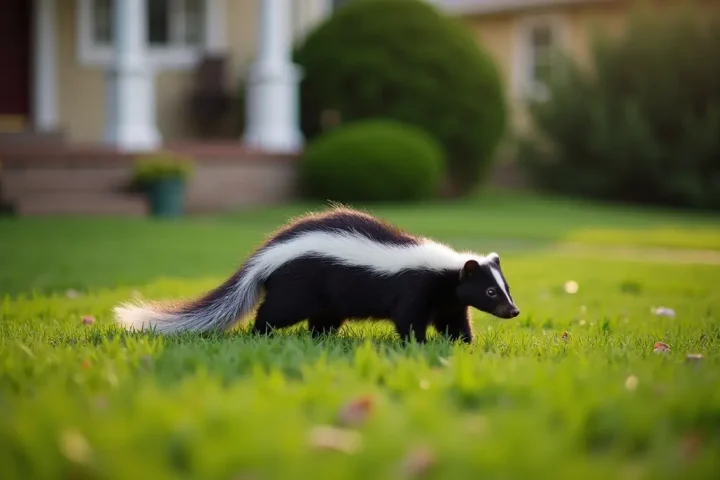Striped skunk crossing a suburban lawn at dawn