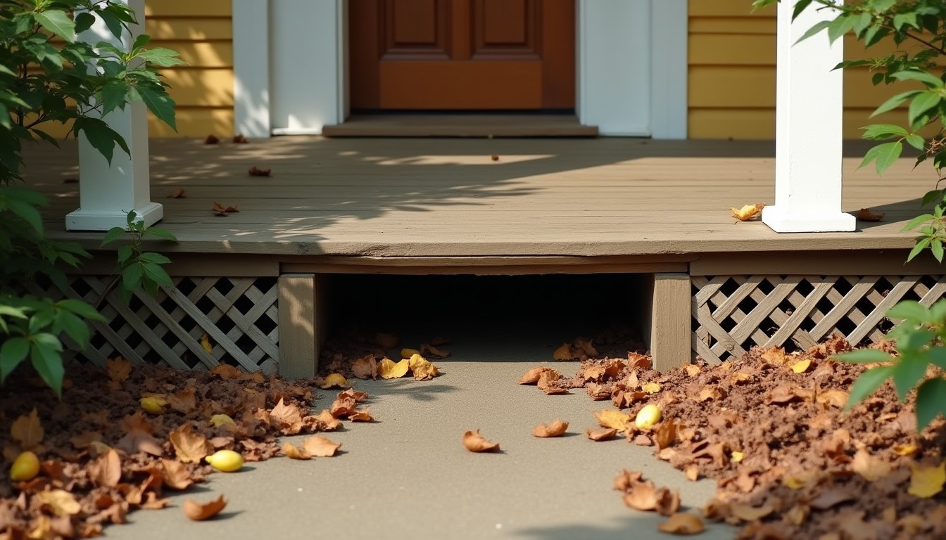 Gap under a front porch with broken lattice skirting