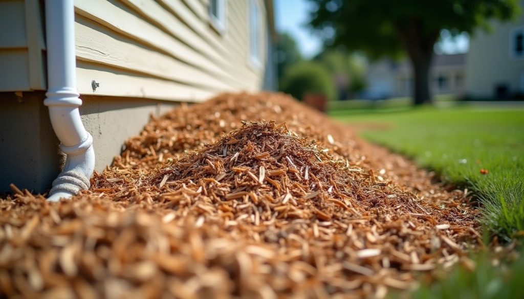 Mulch piled against a house foundation beside a downspout