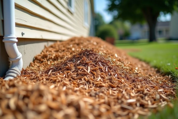 Mulch piled against a house foundation beside a downspout