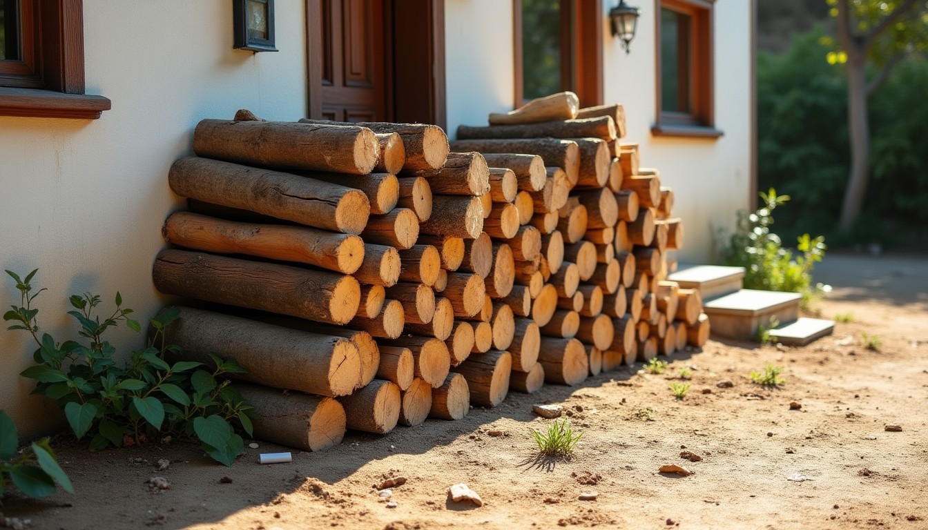 Firewood stacked directly against a house wall on bare soil