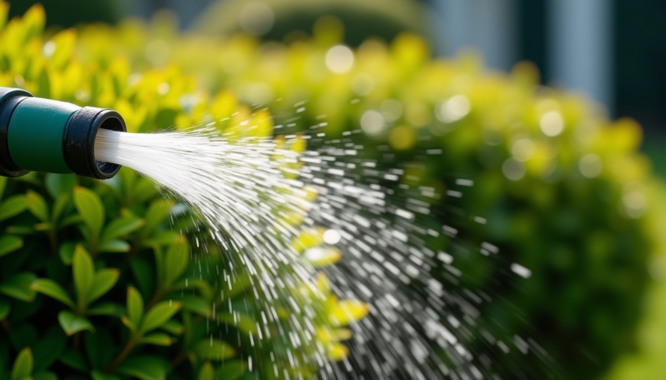 Hose spraying water onto a shrub