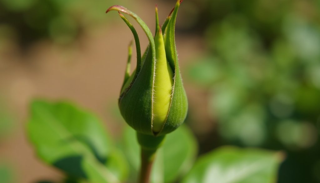 New rose bud and leaves in a sunny garden
