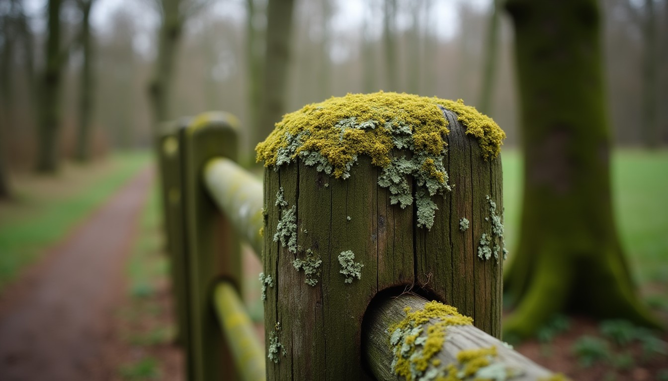 Lichen-covered fence post in a damp garden