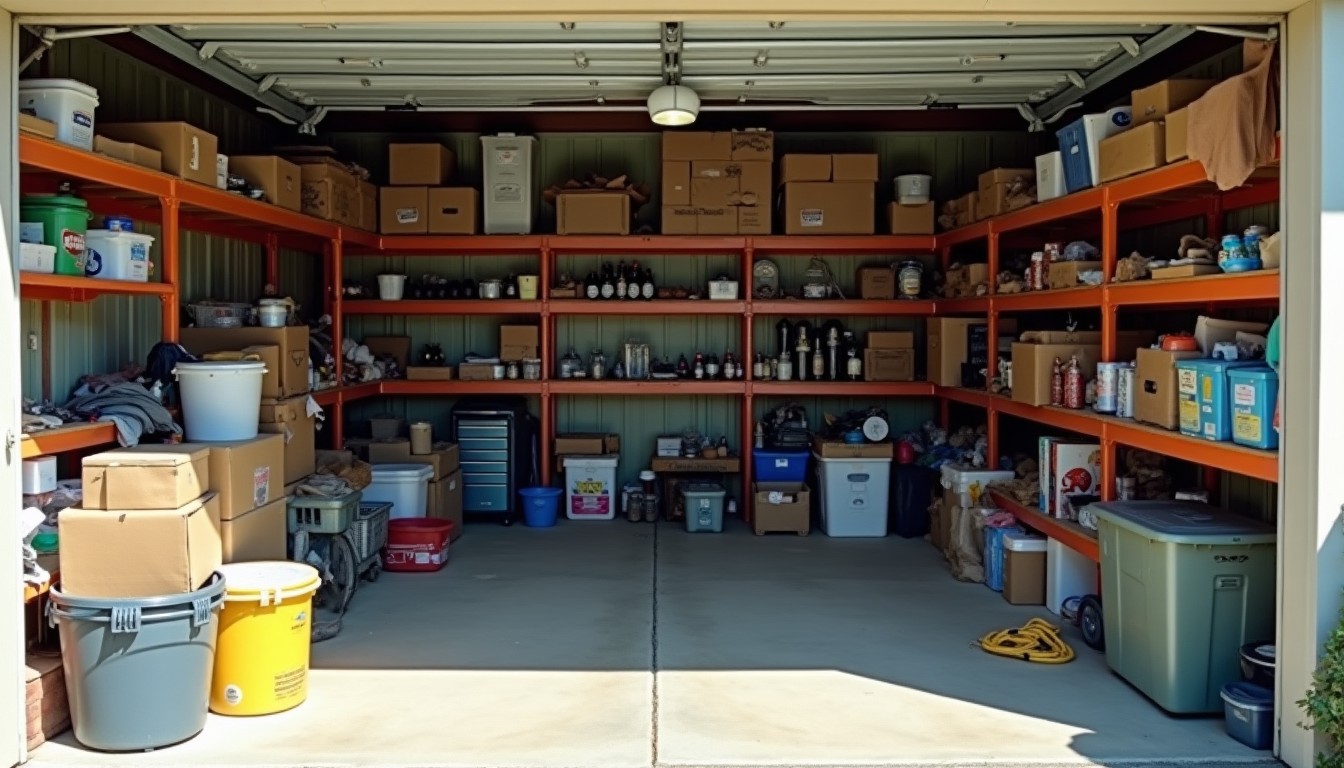 Cluttered garage corner with shelves