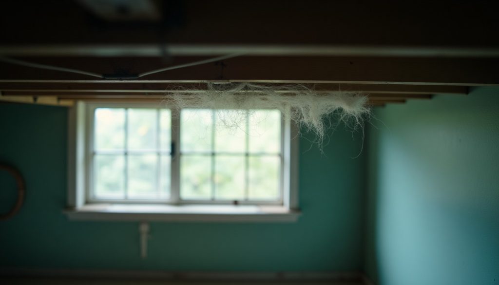 Basement ceiling corner with loose cobwebs