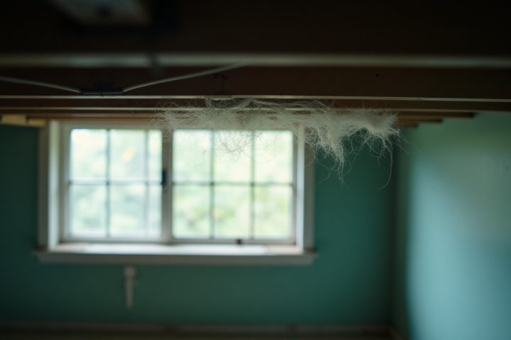 Basement ceiling corner with loose cobwebs