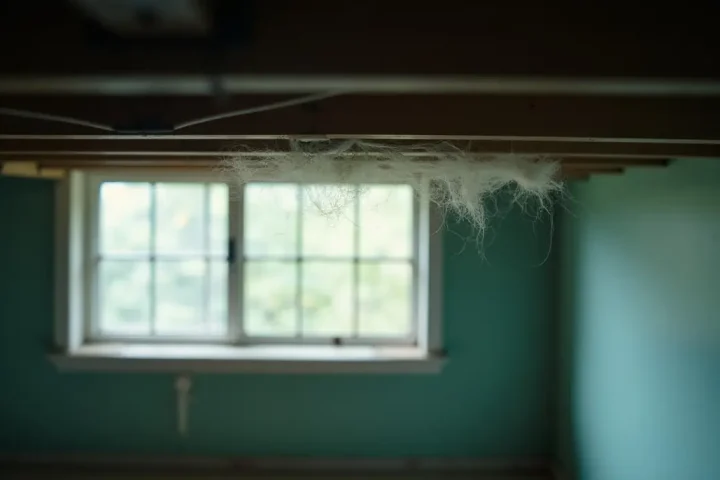 Basement ceiling corner with loose cobwebs