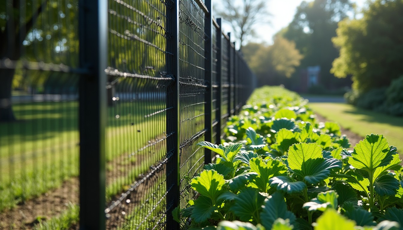 Tall black mesh deer fence around a garden