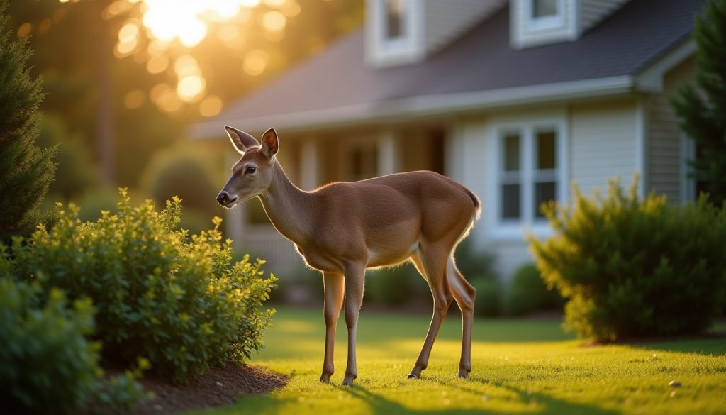 White-tailed deer browsing on garden shrubs