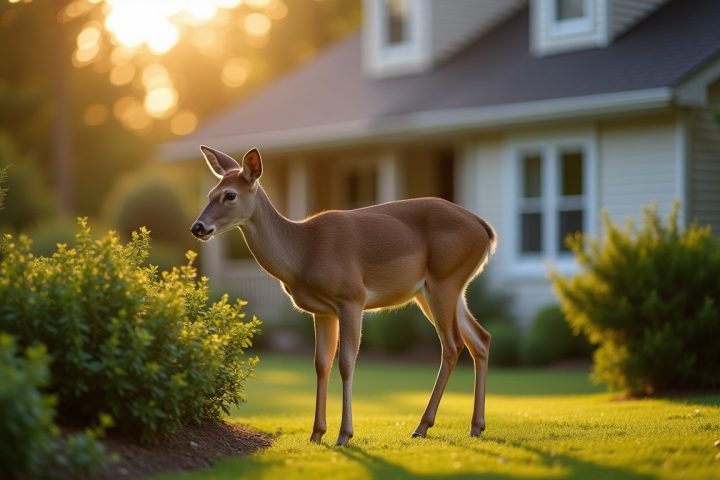 White-tailed deer browsing on garden shrubs