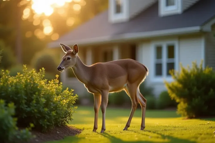 White-tailed deer browsing on garden shrubs