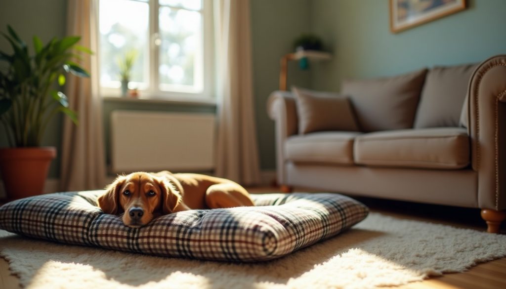 Dog bed with a plaid blanket beside a sofa