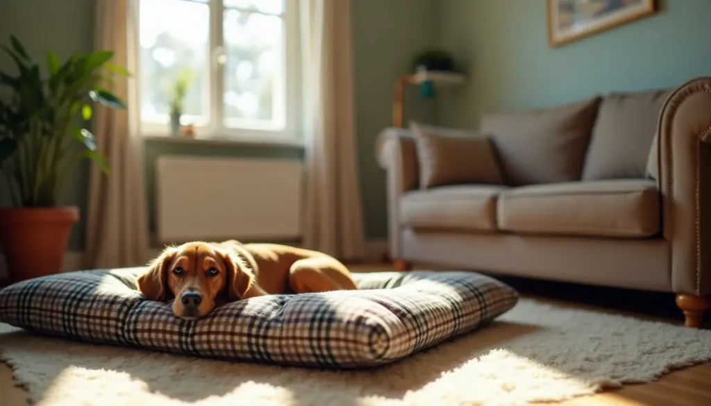 Dog bed with a plaid blanket beside a sofa