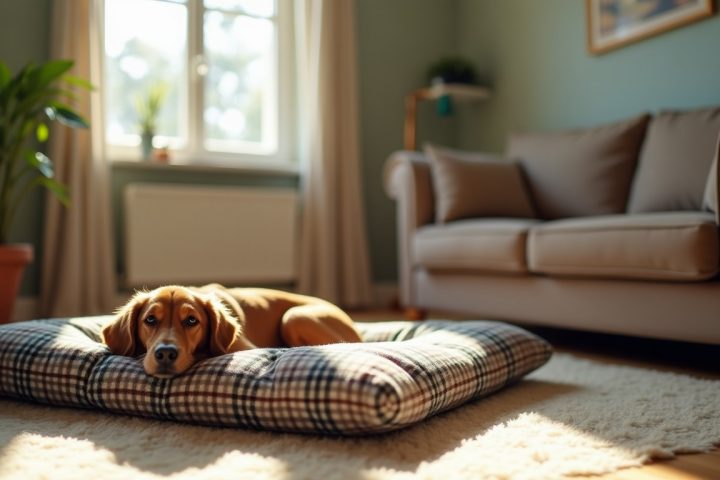 Dog bed with a plaid blanket beside a sofa