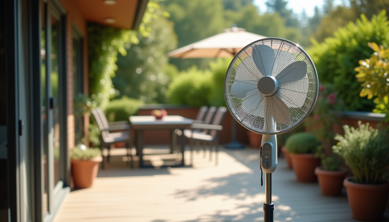 Fan on a patio next to a dining table