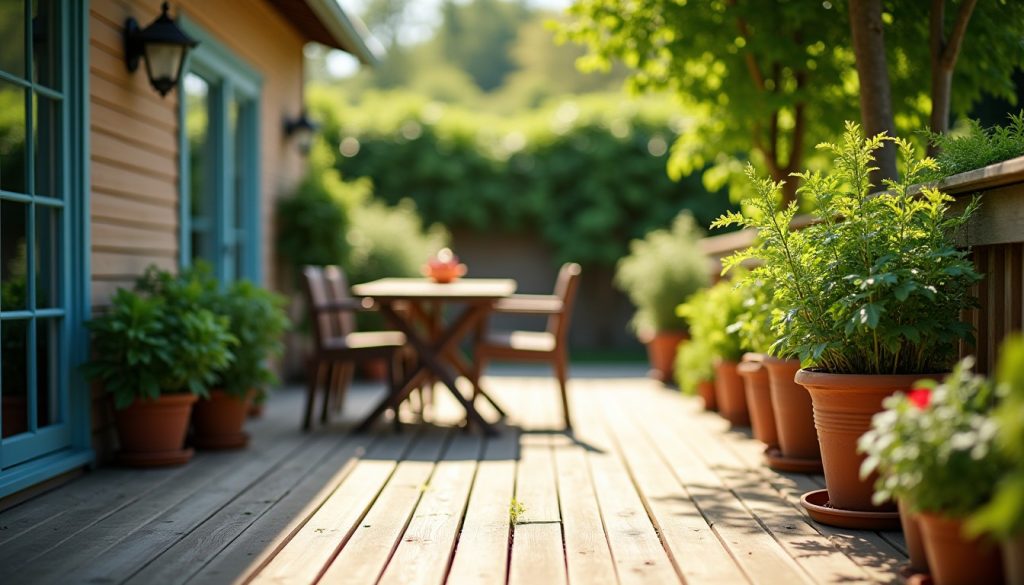 Backyard deck with a dining table in summer