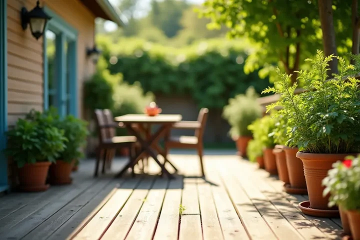 Backyard deck with a dining table in summer