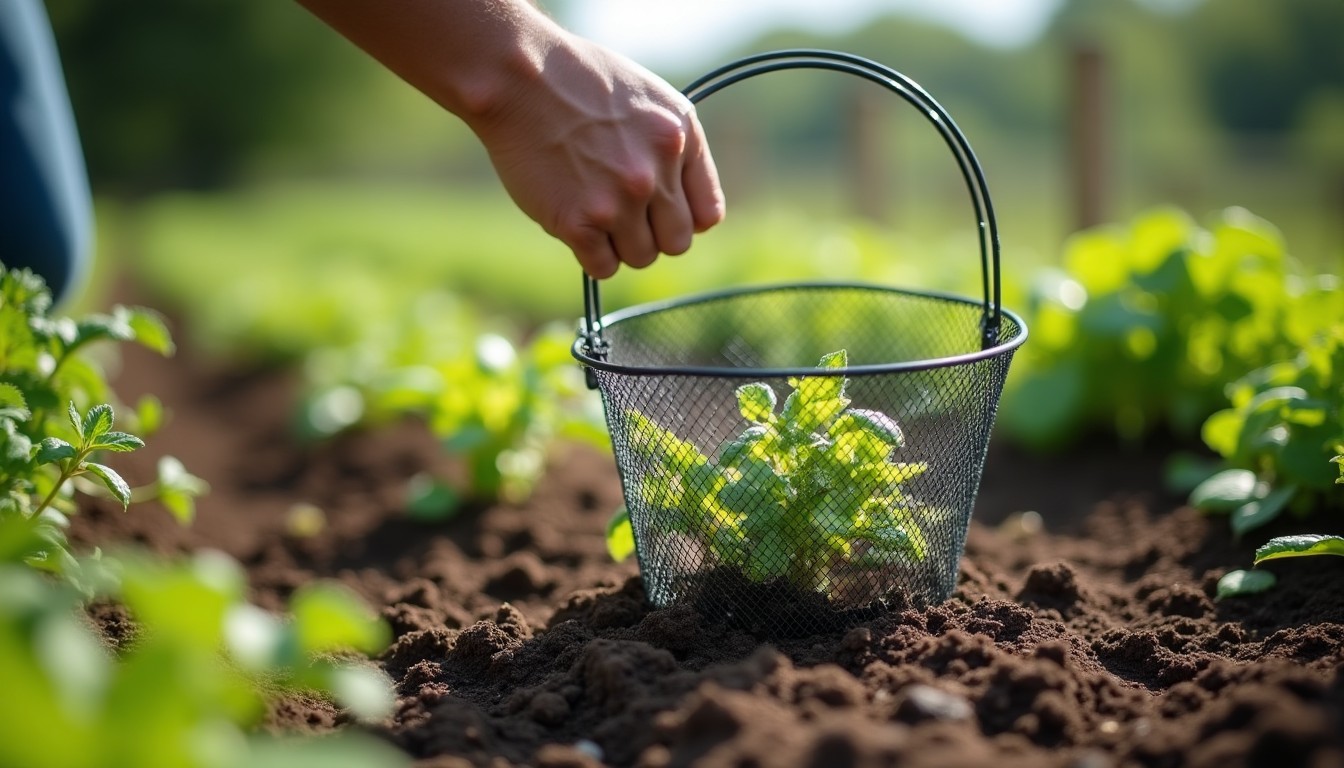 Wire mesh basket set into a planting hole