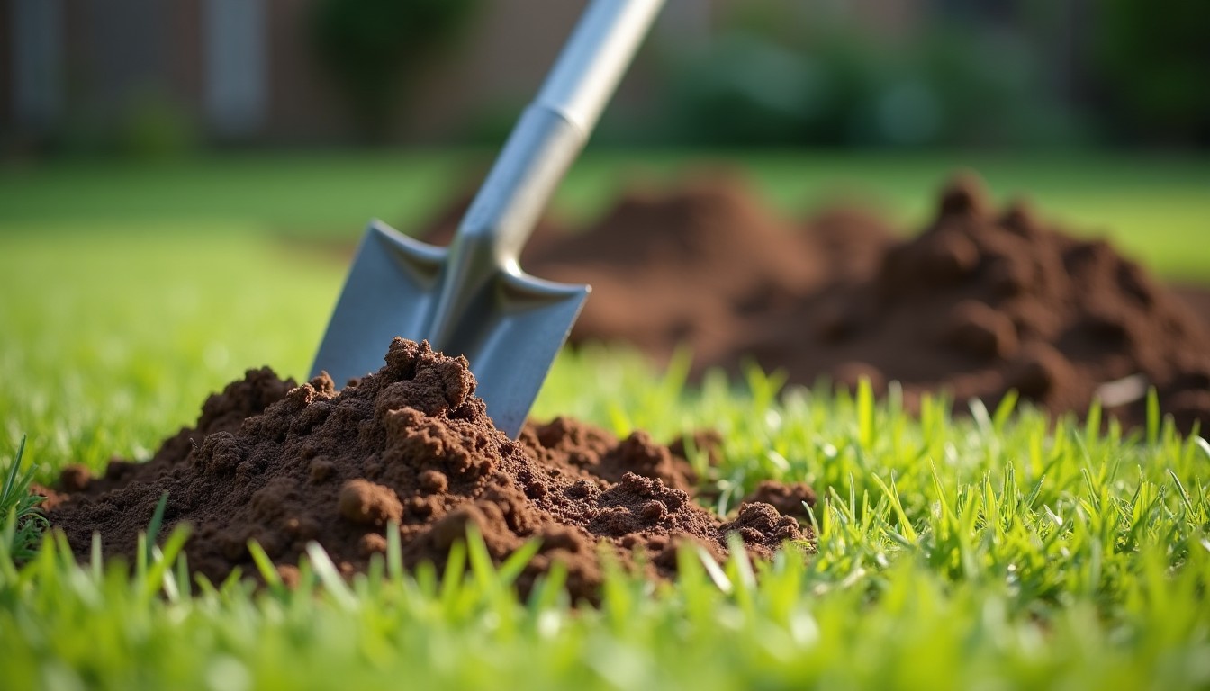 Spade beside a fresh soil mound in a lawn