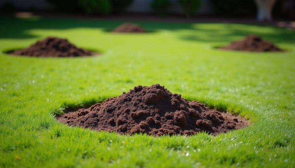 Crescent-shaped soil mounds on a lawn