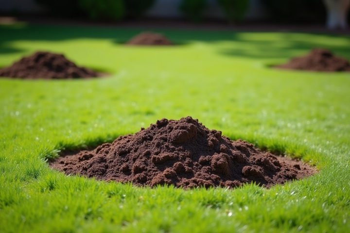 Crescent-shaped soil mounds on a lawn